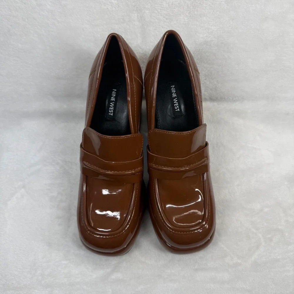 Nine West Brown Patent‎ Leather Chunky Platform Penny Loafer Heels Square Toe 6